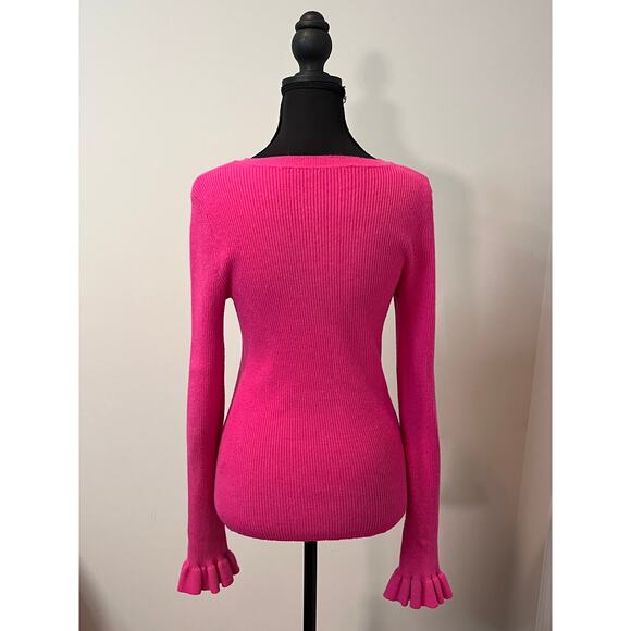 Hot Pink Ribbed Long Sleeve Sweater with Ruffled Cuffs - Picture 4 of 7